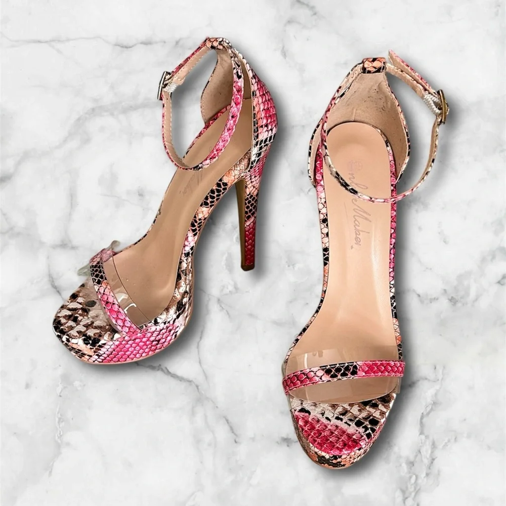 New OnlyMaker Snakeskin Platform Stiletto Heels Sandals Brown Pink Sexy Size 6 - Picture 2 of 13